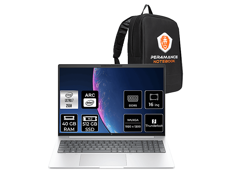HP EB 8 AI G1i FHD+ AD3T0ETPN322 Intel Core Ultra 7 255H 40 GB RAM 512 GB SSD 16 inç FreeDOS Laptop+Çanta Metalik Gri