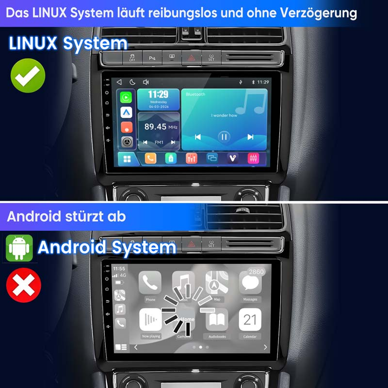 Zwei Auto-Infotainmentsysteme: Oben Linux, unten Android, das abstürzt.