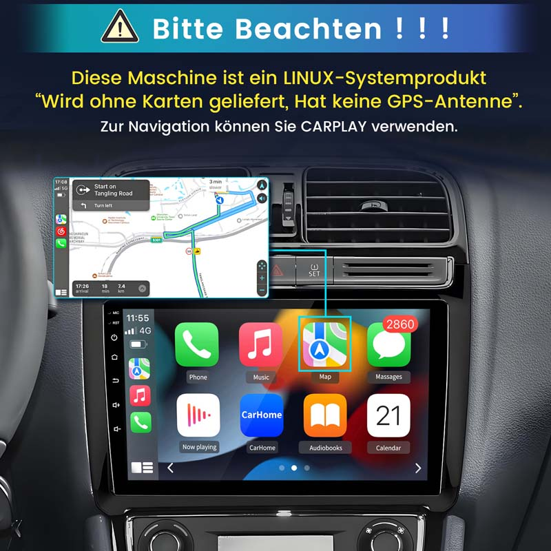Ein Auto-Infotainmentsystem mit Navigation und App-Icons wie Telefon, Musik und Karte.