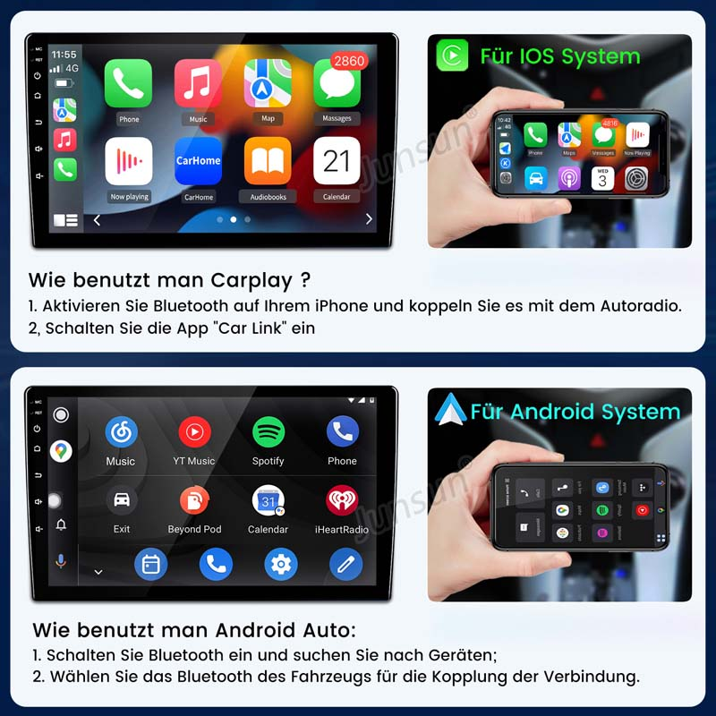 Bildschirm zeigt Carplay und Android Auto, mit Anleitungen.