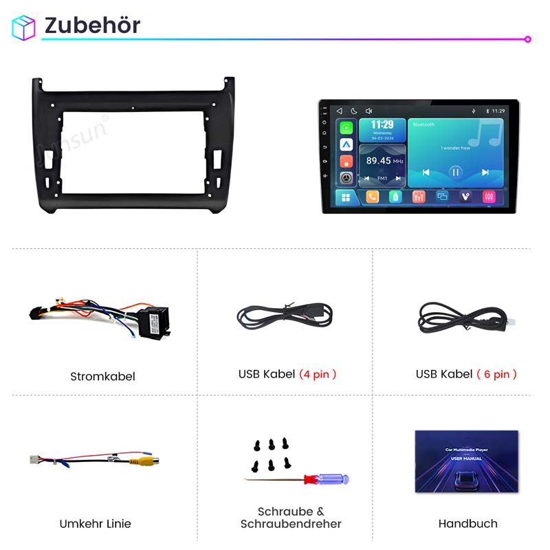 Zubehör: Einbaurahmen, Autoradio, Stromkabel, 2 USB-Kabel, Leitung, Schrauben, Schraubendreher, Handbuch.