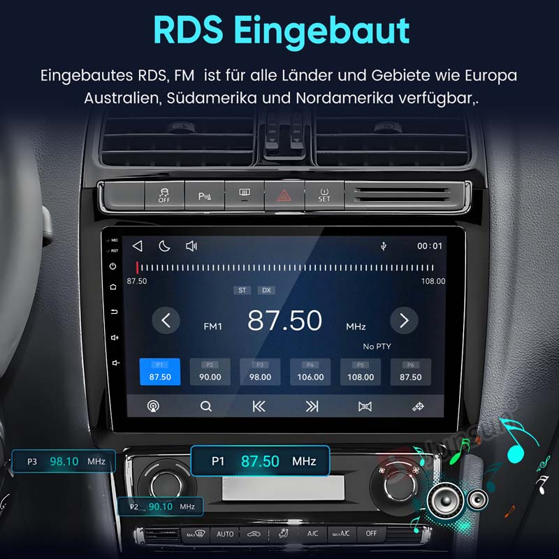 Einbau-Autoradio mit RDS und FM, zeigt 87.50 MHz an. Preset-Tasten sind sichtbar.