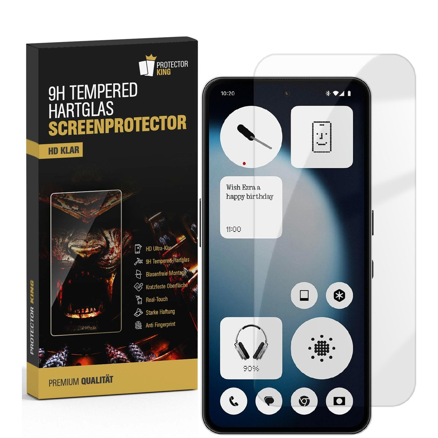 Verpackung für Displayschutzfolie neben einem Smartphone mit Widgets.