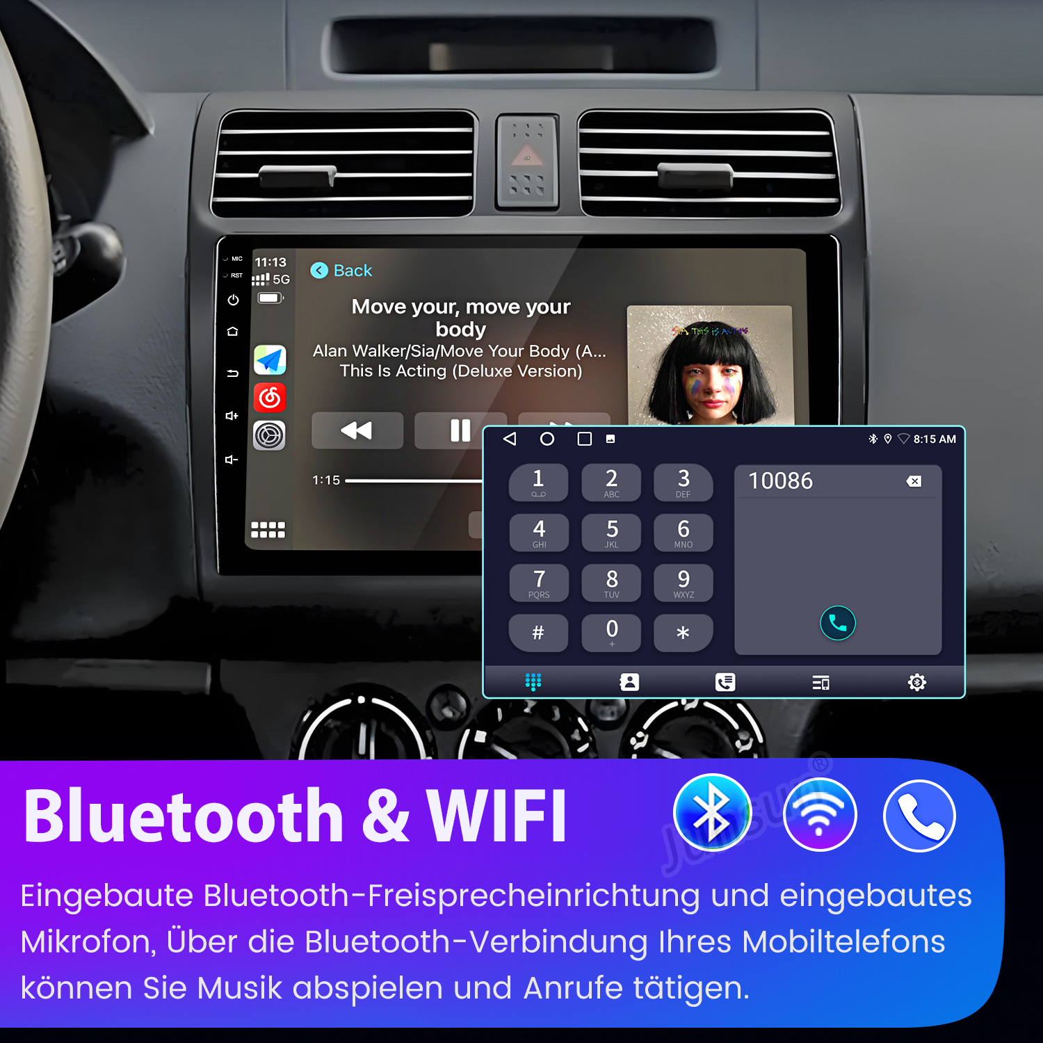 Auto-Infotainmentsystem mit Musikplayer, Telefon und Navigationssymbolen.