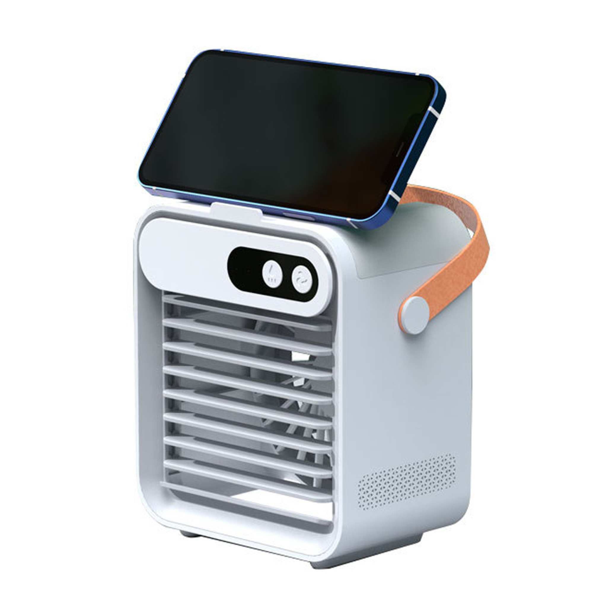 Ein weißer Mini-Luftkühler mit orangefarbenem Griff und einem blauen Smartphone oben.