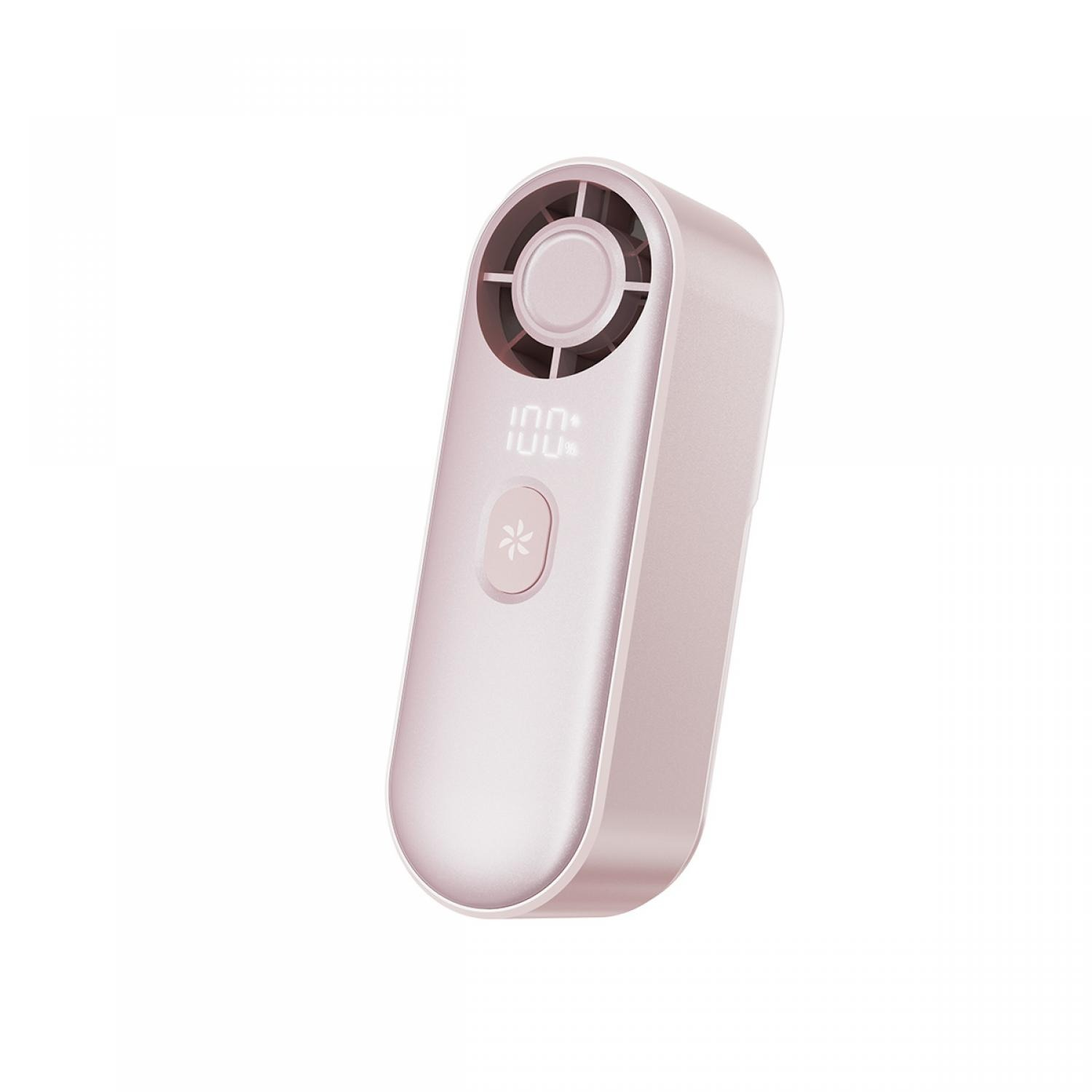 Ein roségoldener Mini-Ventilator mit digitaler Anzeige und Lüfterschaufeln.