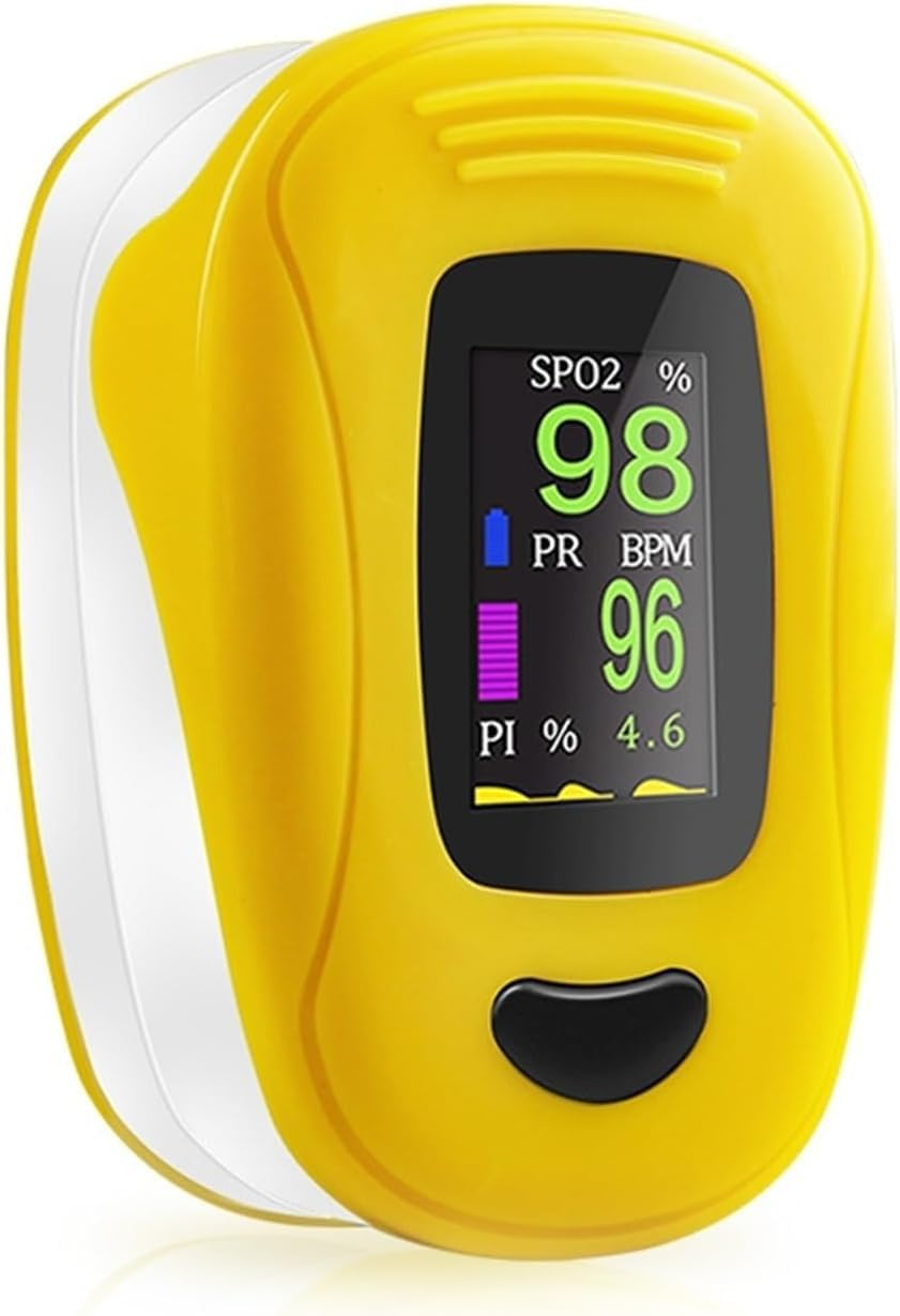 Ein gelbes Pulsoximeter mit einem Bildschirm, der SpO2 98, PR 96 und PI 4.6 anzeigt.