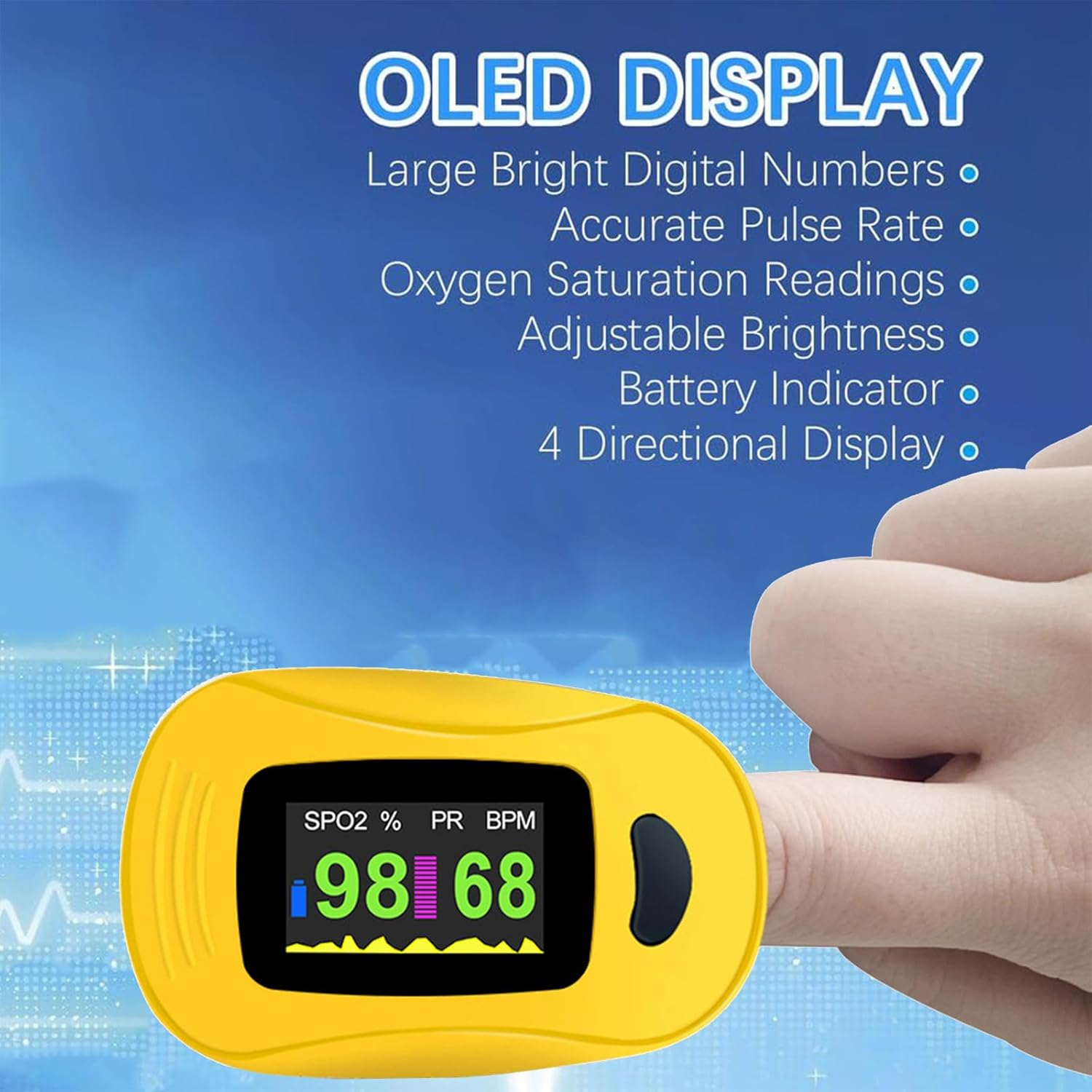 Ein gelber Pulsoximeter am Finger zeigt 98% Sättigung und 68 Schläge pro Minute an.