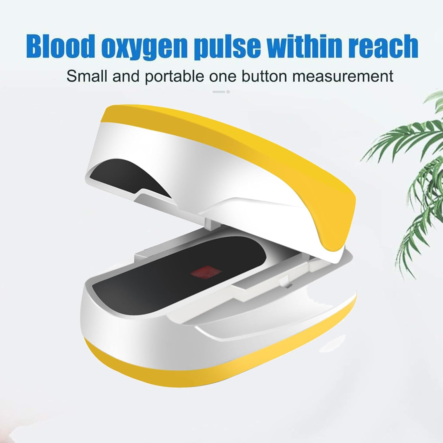 Ein weißer und gelber Pulsoximeter auf hellem Hintergrund mit Blatt. Misst Sauerstoff im Blut.