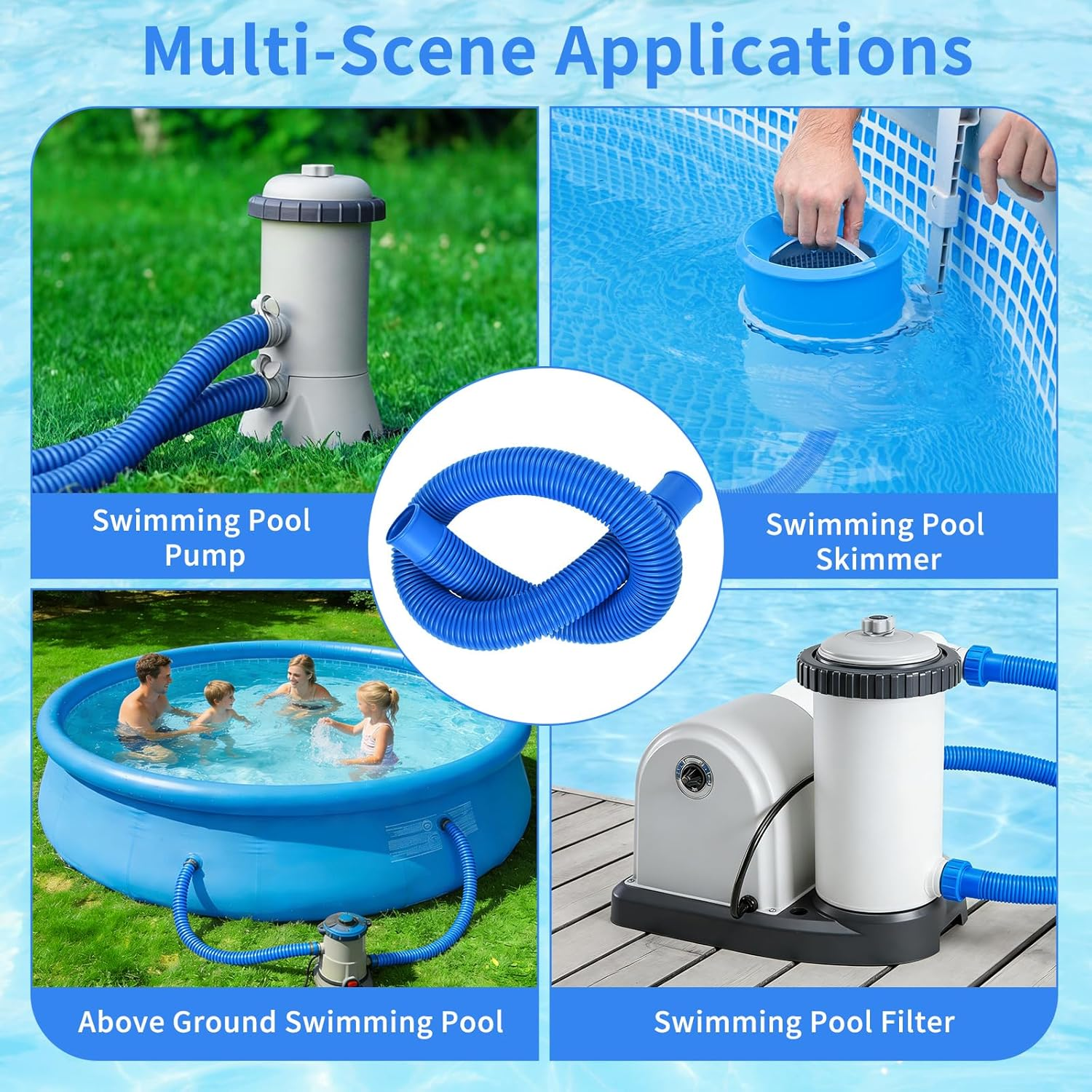 Collage von Poolzubehör: Pumpe, Skimmer, oberirdischer Pool, Filter.
