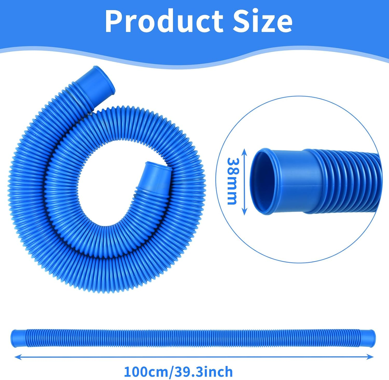 Blauer Flexschlauch, aufgerollt und gerade, zeigt 38mm Durchmesser und 100cm L.