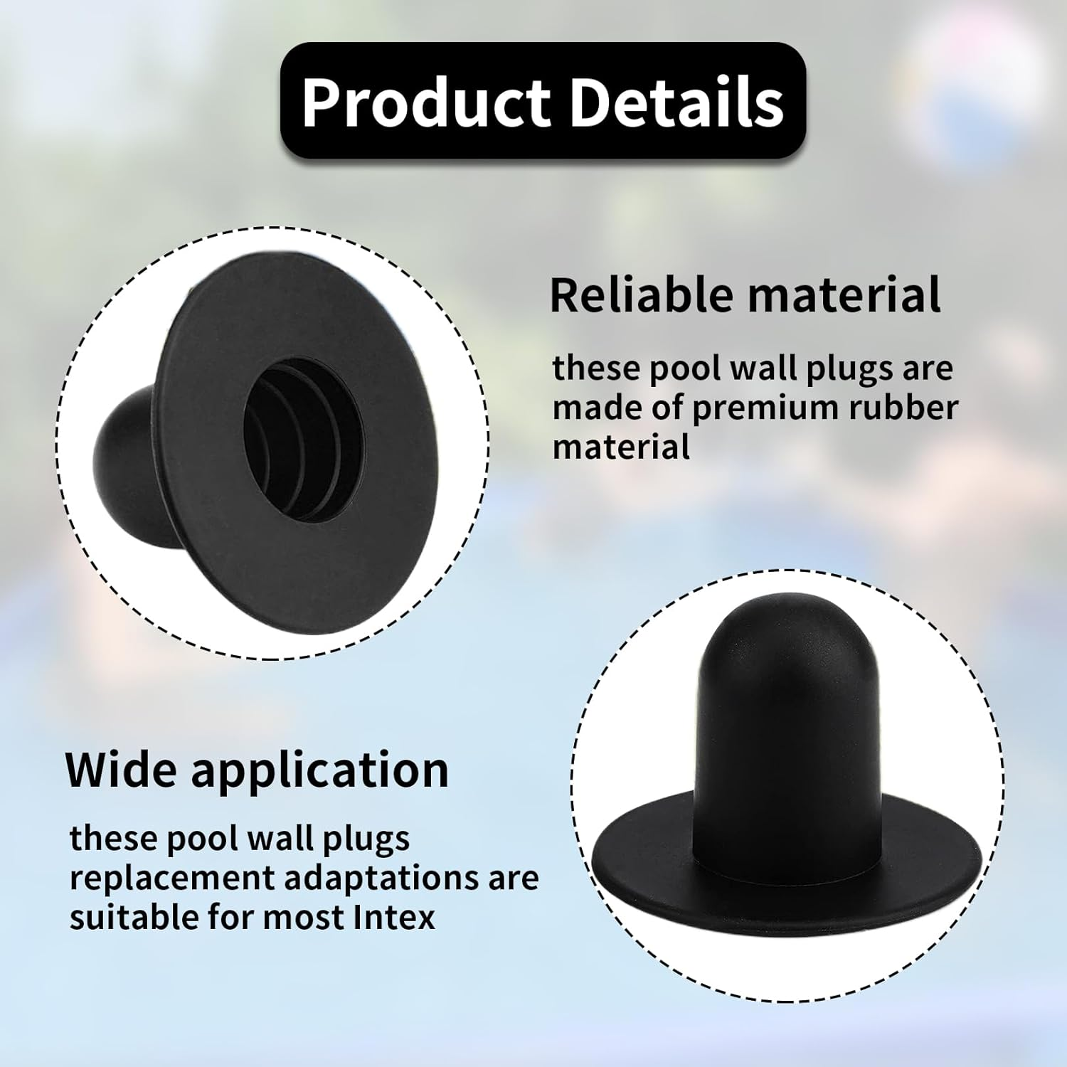 Zwei schwarze Poolstopfen aus Gummi, einer im Detail, der andere zur Veranschaulichung.