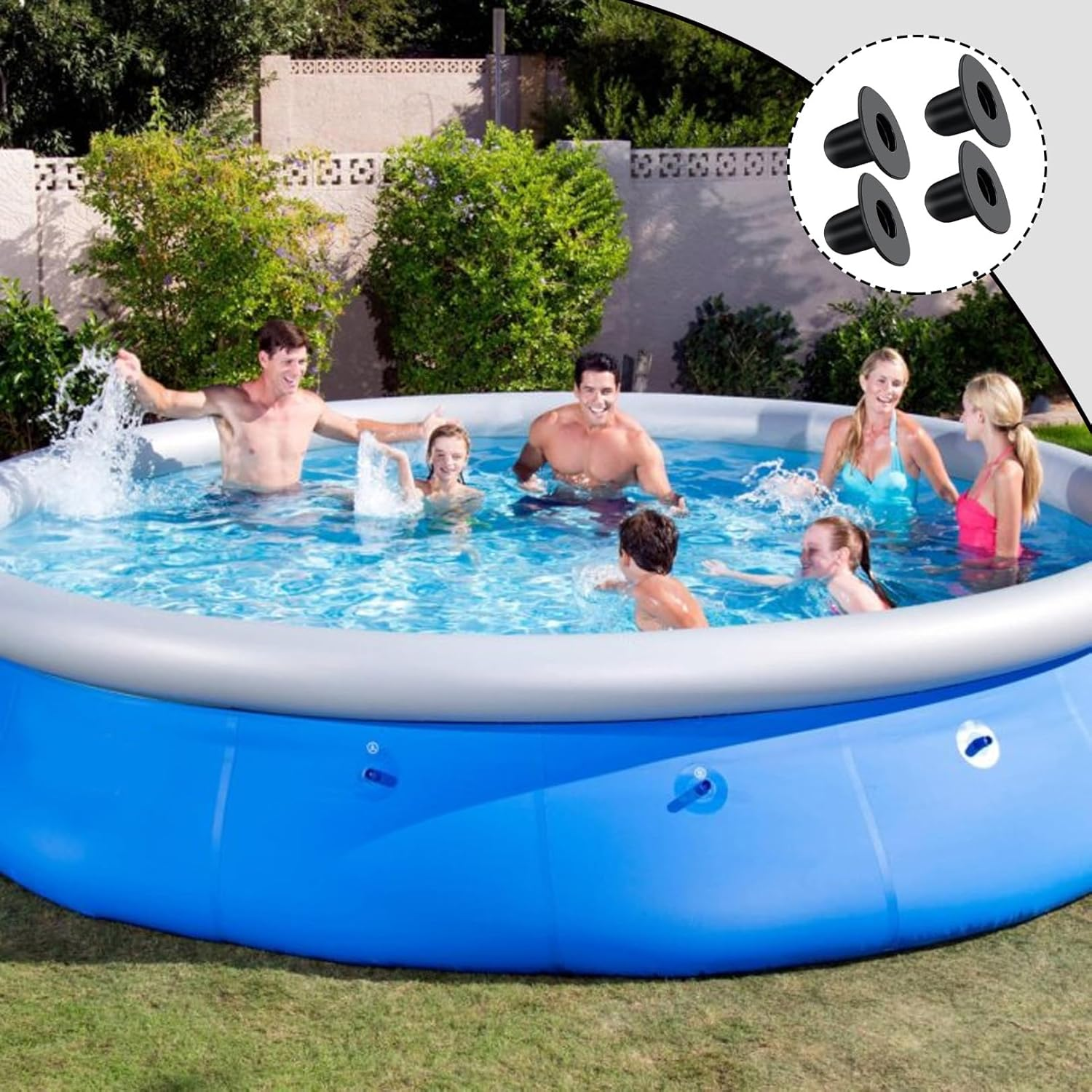 Familie spielt in einem blauen aufblasbaren Pool. Vier schwarze Stopfen sind eingesetzt.