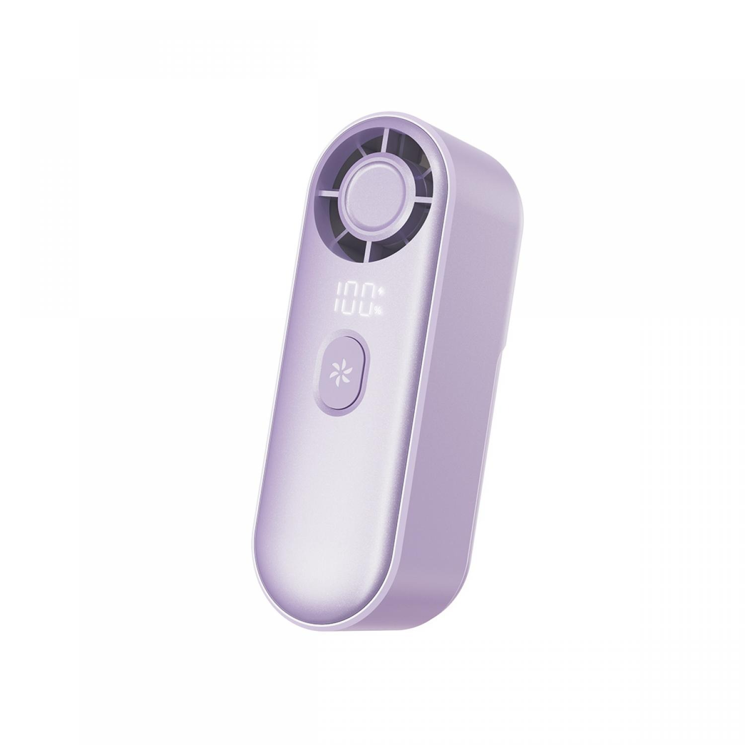 Ein lila Handventilator mit einem digitalen Display, das 100 % anzeigt.