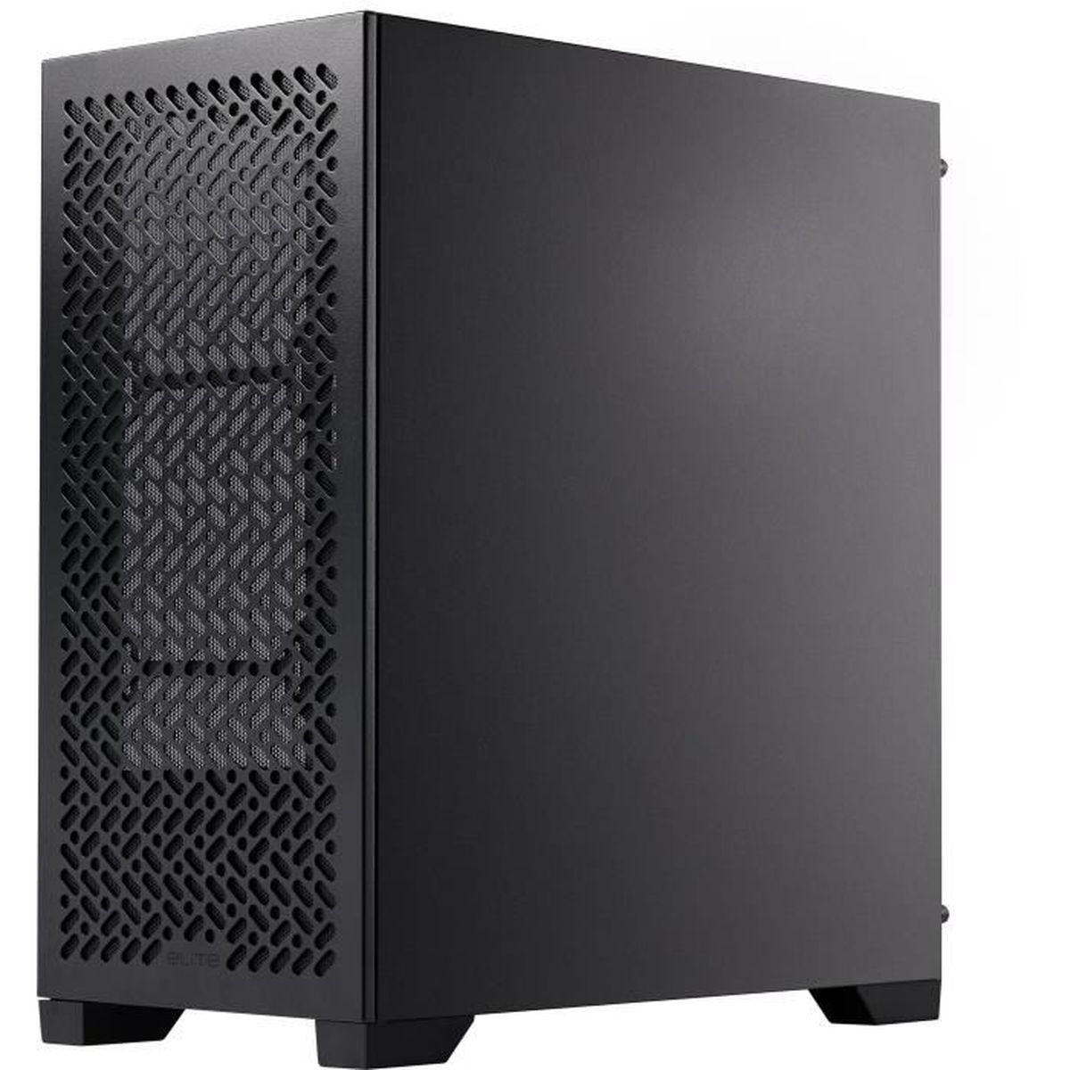 Ein schwarzes Computergehäuse mit Lüftungsgittern an der Seite.