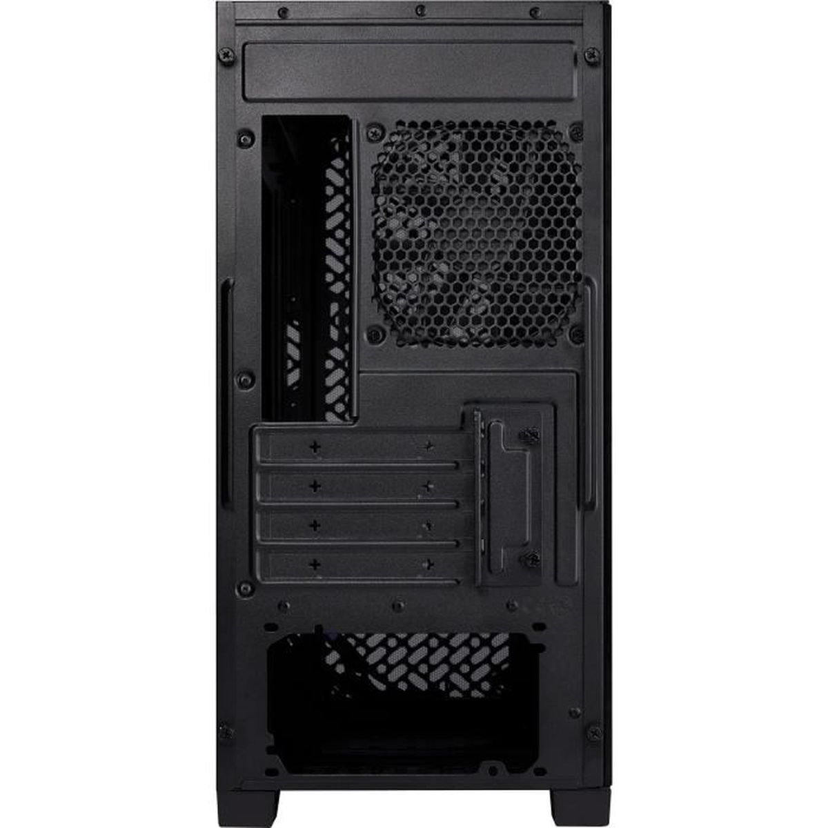 Rückseite eines schwarzen Computergehäuses mit Lüfter und Anschlüssen.