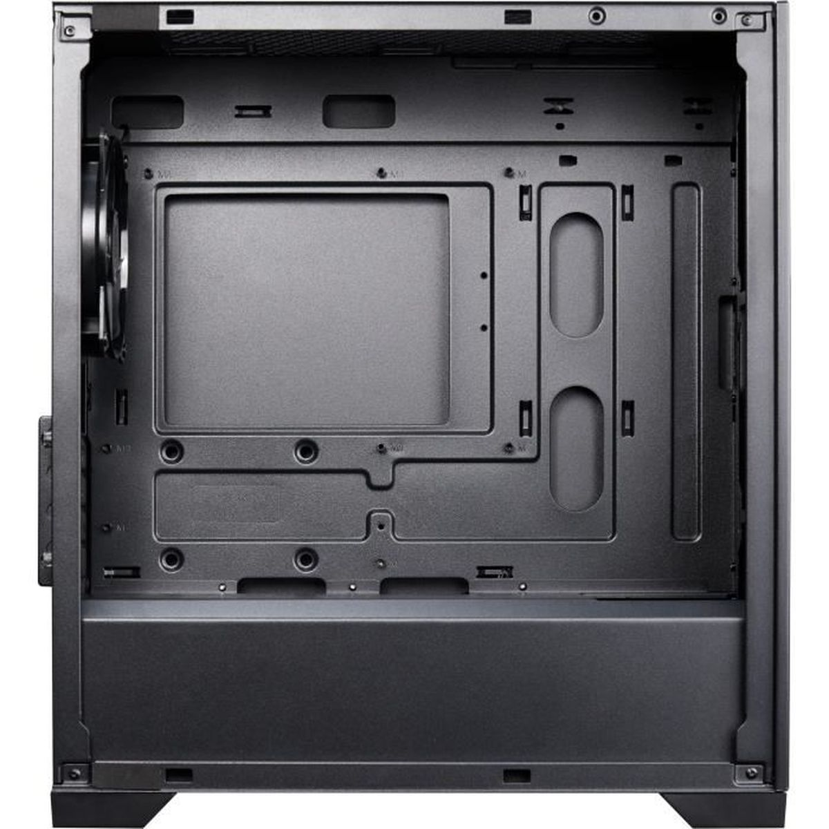 Schwarzes Computergehäuse innen mit Lüfter und Montagepunkten.