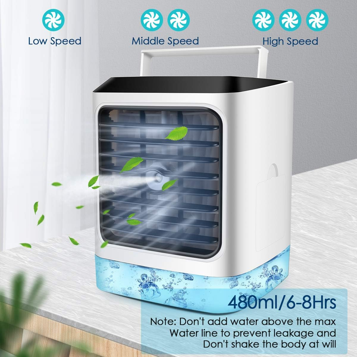 Ein weißer tragbarer Mini-Luftkühler mit blauem Wasserbehälter und Lüfter.