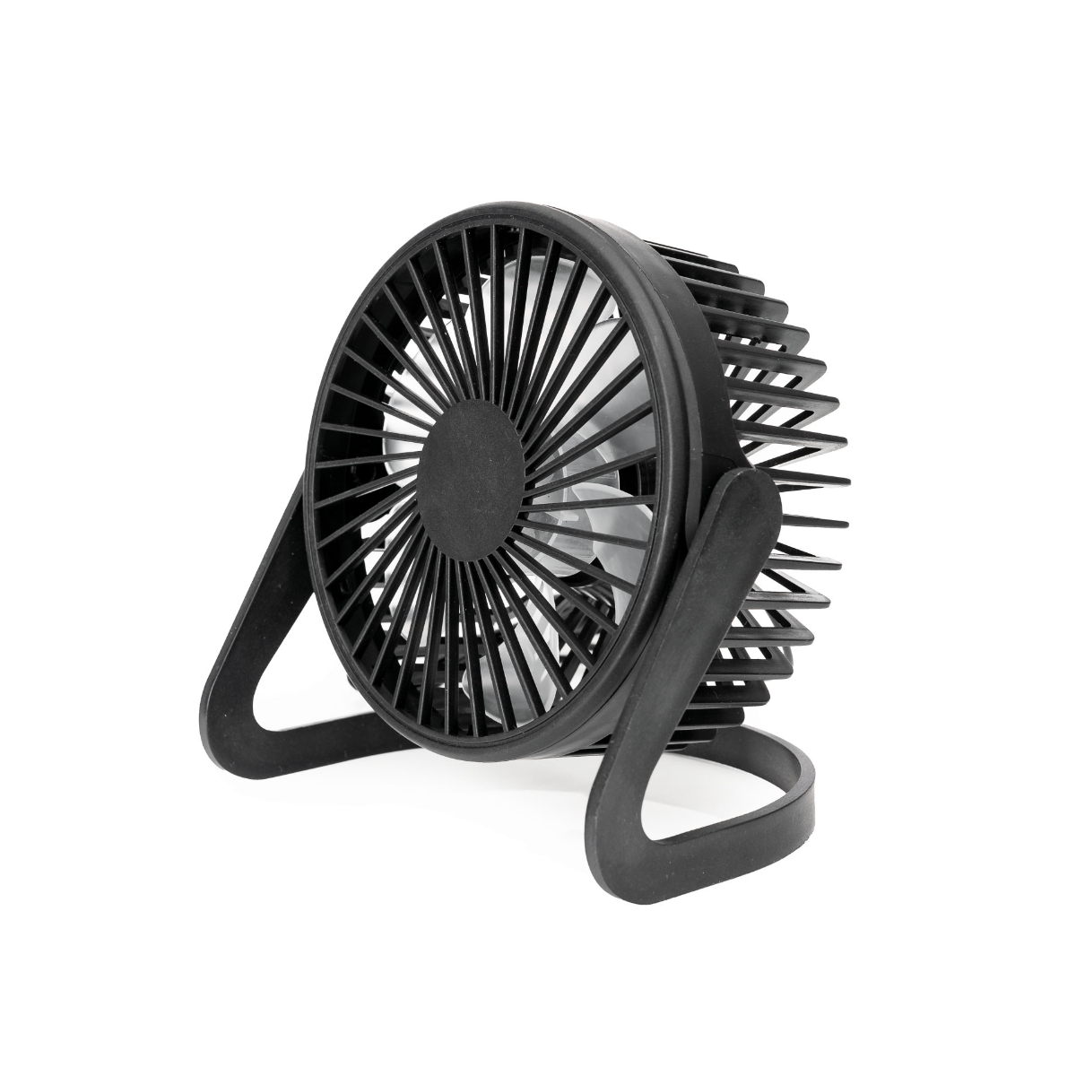 Ein schwarzer tragbarer Ventilator mit weißem Hintergrund. Er hat zwei schwarze Beine.