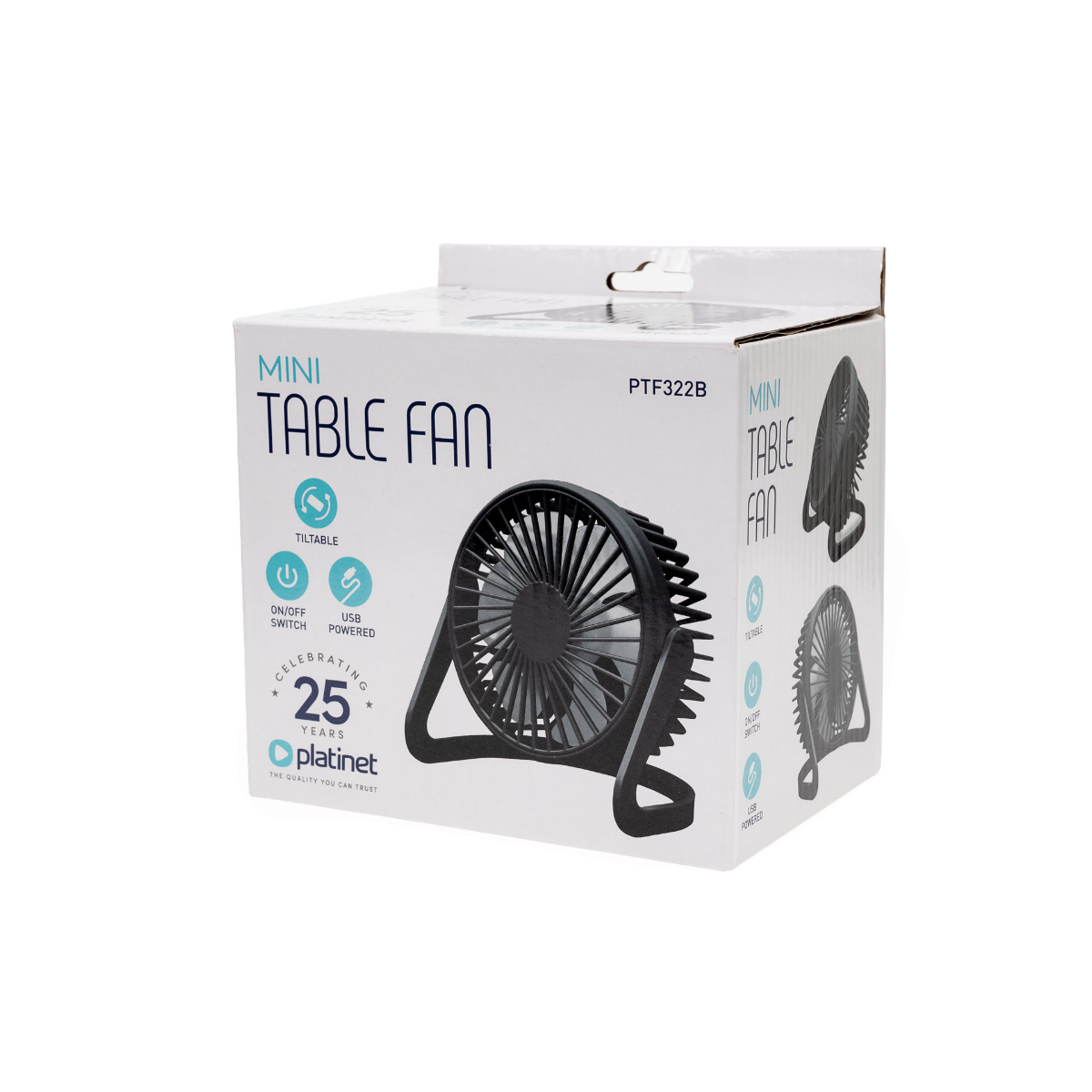 Ein schwarzer Mini-Tischventilator auf einer Verpackungsbox mit Produktinformationen.