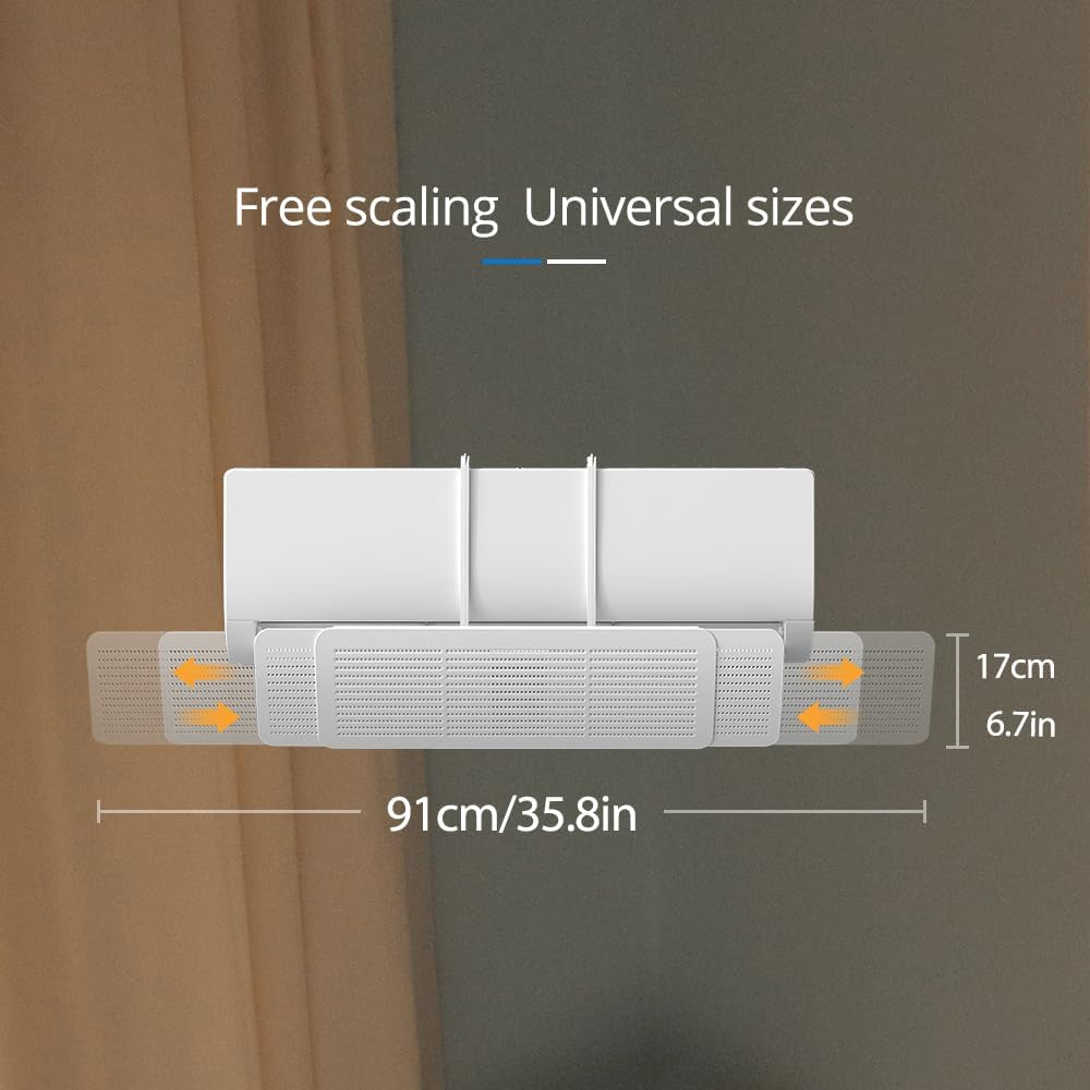 Ein weißer, verstellbarer Luftabweiser für Klimaanlagen mit 91 cm/35,8 Zoll Breite.