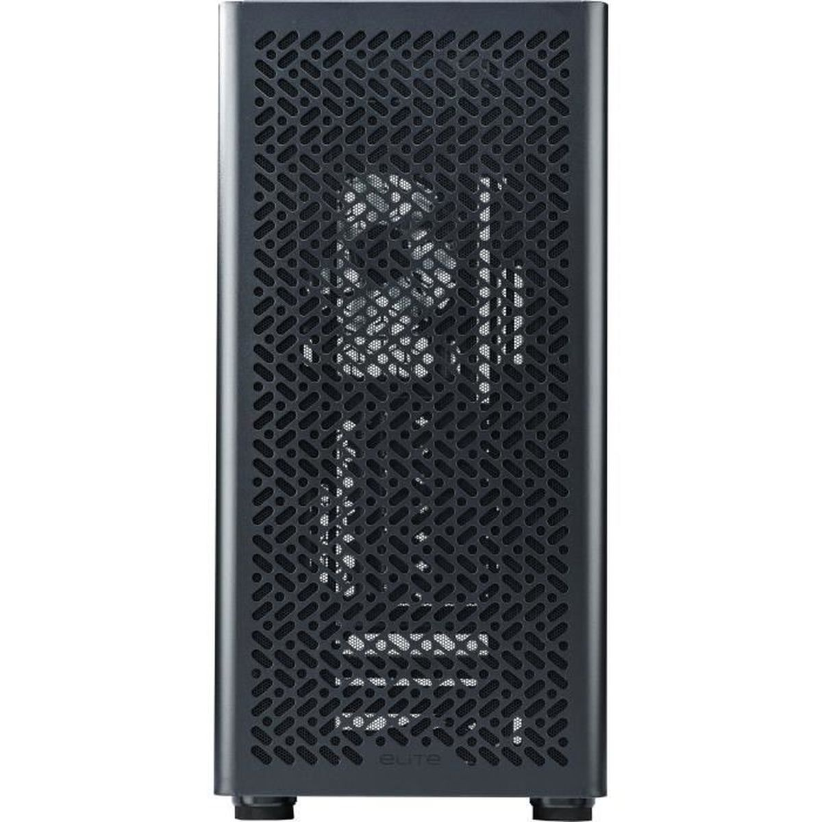 Un case per computer nero con pannello frontale traforato e ventole.