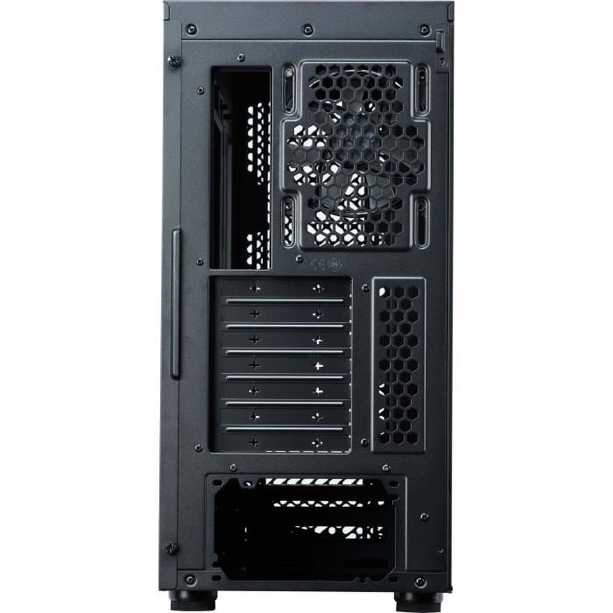 Retro di un case per computer nero con fessure di ventilazione e slot per schede.