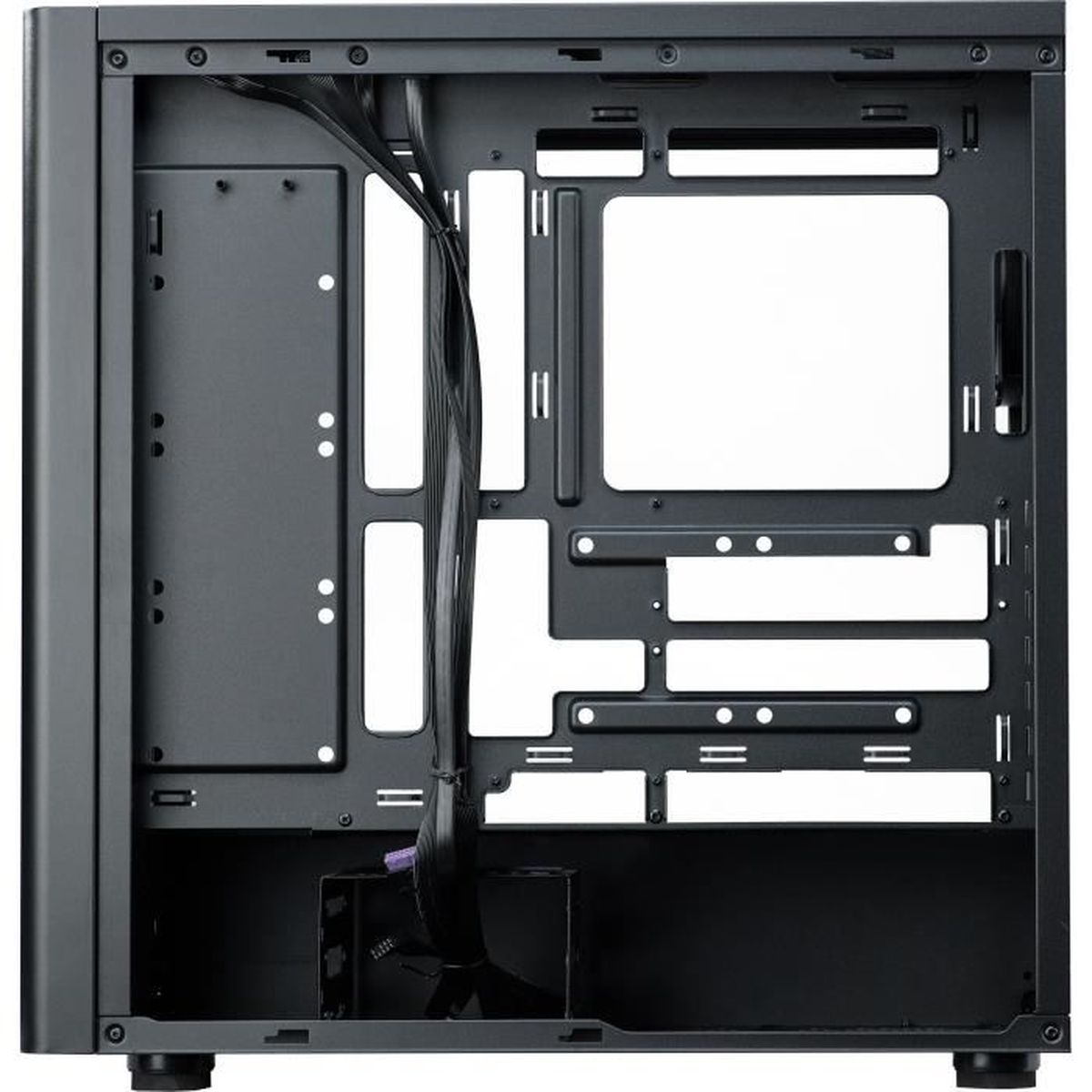 Telaio vuoto di un case per computer nero con opzioni di gestione cavi.