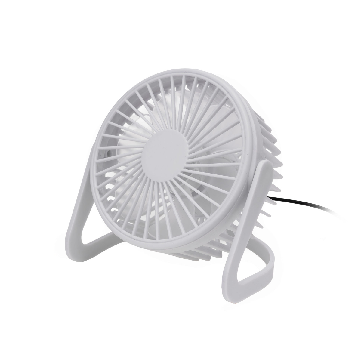 Ein kleiner, weißer Tischventilator mit zwei Stützbeinen und einem schwarzen Kabel.