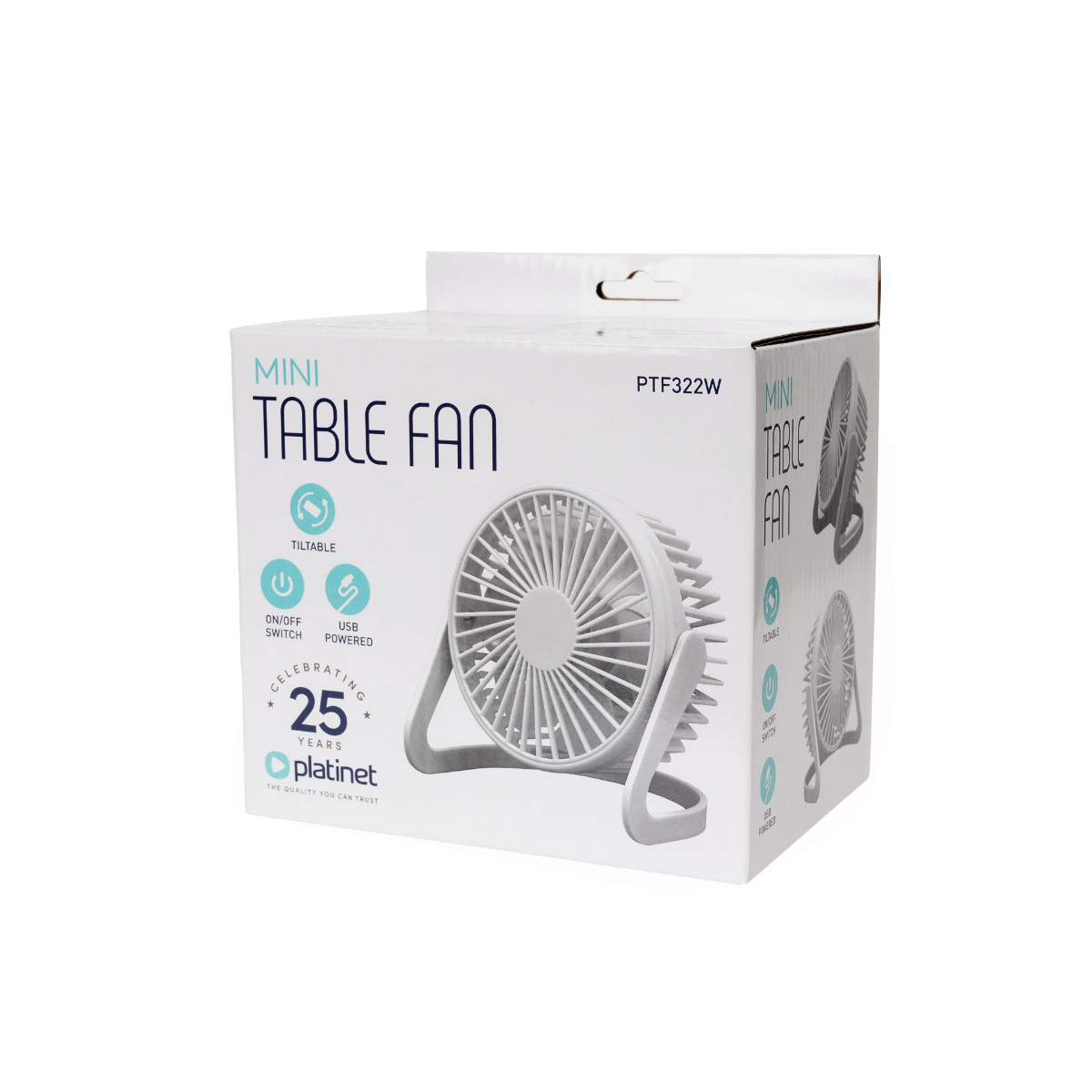 Weiße Verpackung mit einem kleinen Tischventilator und Logo.