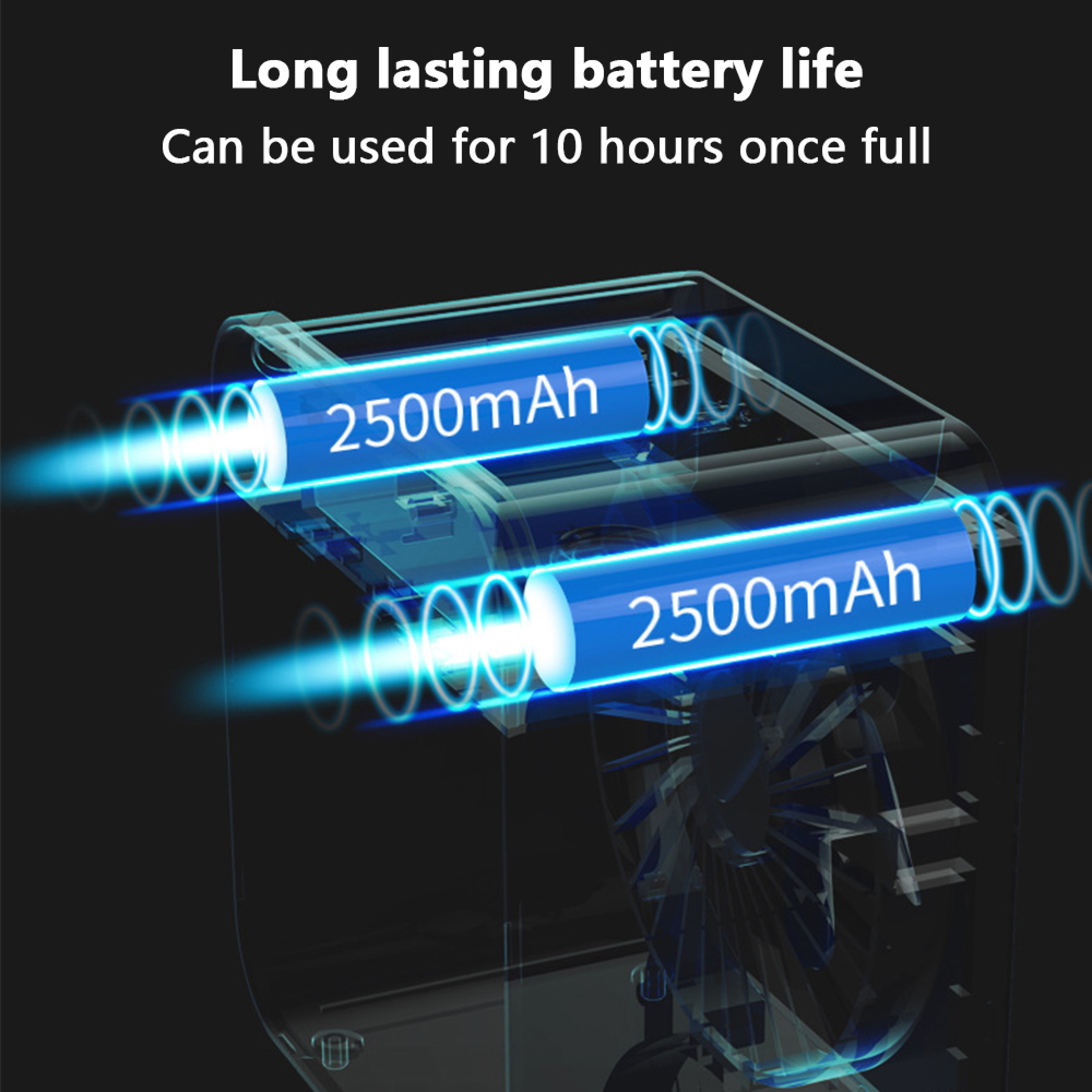 Zwei blaue 2500-mAh-Batterien mit leuchtenden Ringen und Text über Akkulaufzeit.