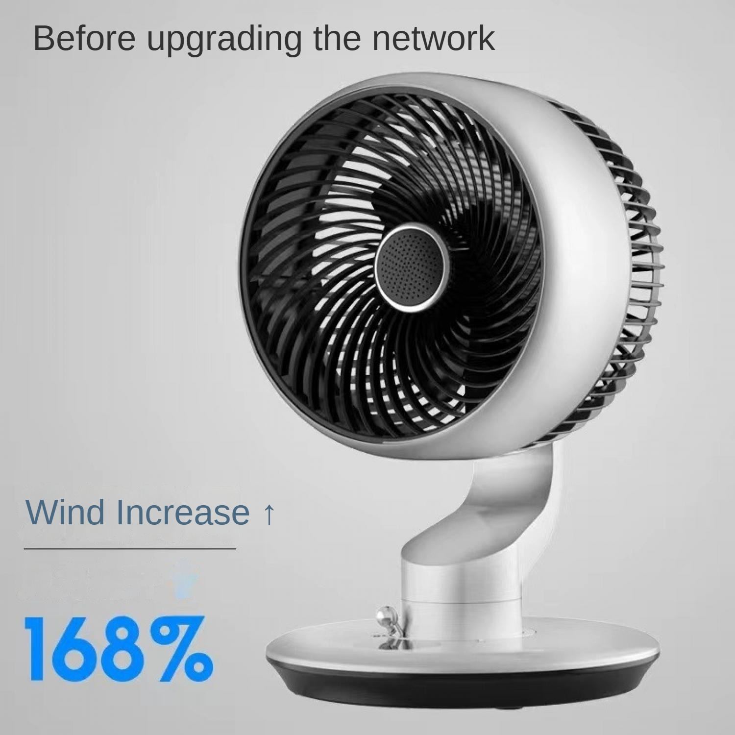 Ein silberner Ventilator mit schwarzem Gitter und einer Windsteigerung von 168%.