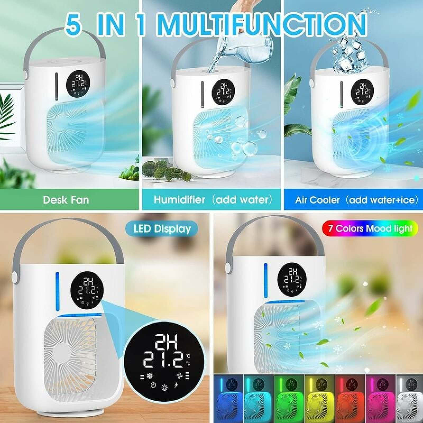 Ein weißer 5-in-1-Luftkühler mit Lüfter, LED-Anzeige und Stimmungslicht.