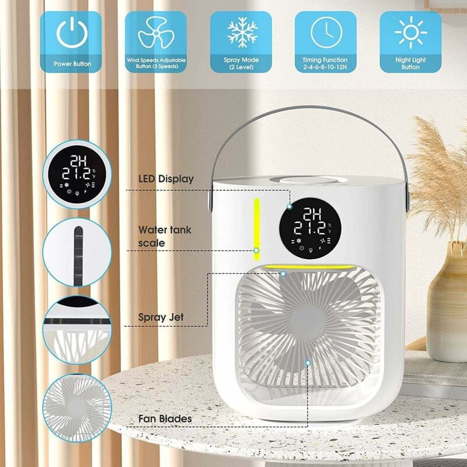 Ein weißer tragbarer Lüfter mit LED-Anzeige, Wassertankskala und Sprühdüse.