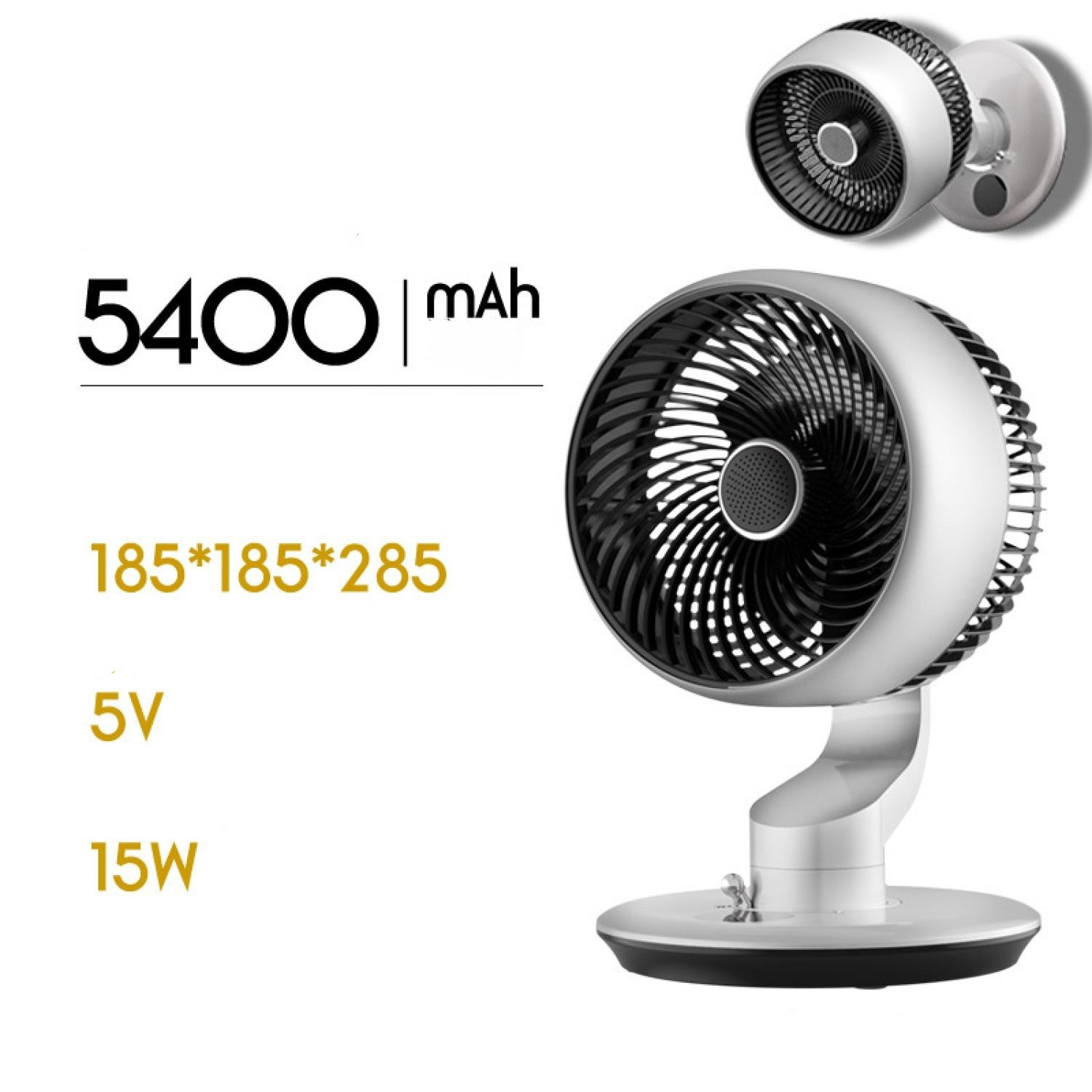 Ein silberner Ventilator mit 5400mAh, 5V, 15W und Maßen 185x185x285.