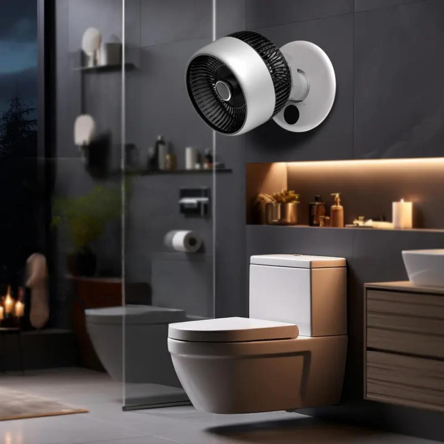 Ein moderner Ventilator an der Wand über einer Toilette in einem dunklen Badezimmer.