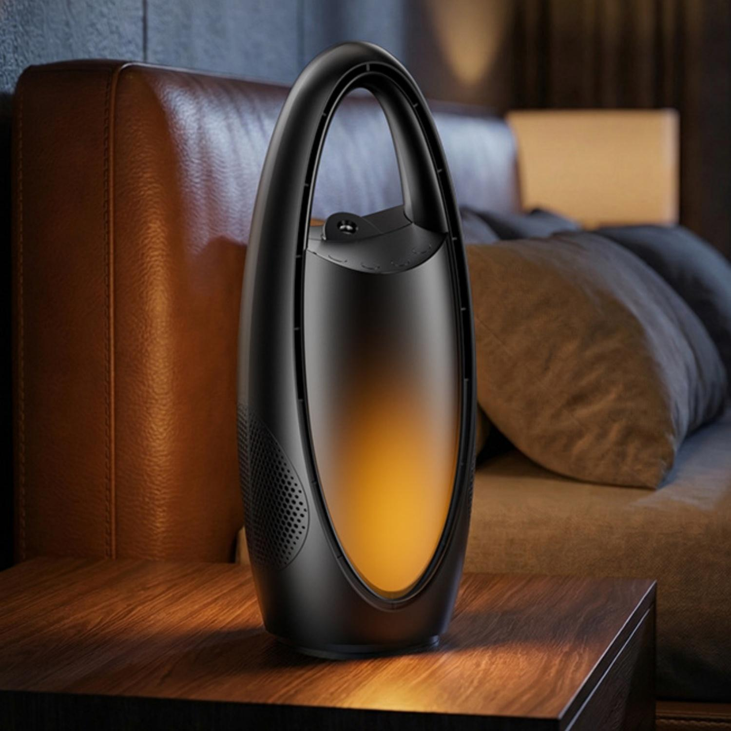 Ein schwarzer ovaler Lautsprecher mit Flammenlicht steht auf einem Nachttisch neben einem Bett.