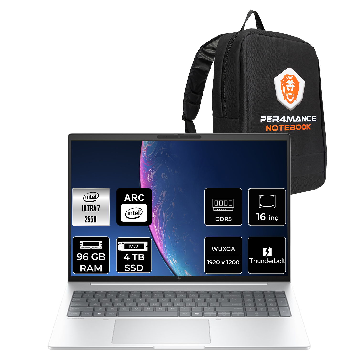 Intel Core Ultra 7 işlemcili gümüş dizüstü bilgisayar ve siyah sırt çantası.