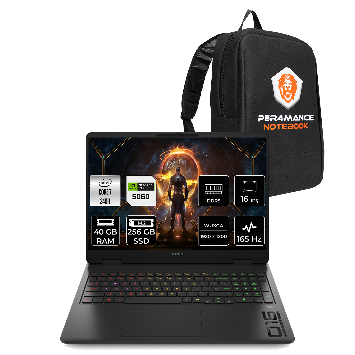 Intel Core i7, RTX 5060, 40 GB RAM, 256 GB SSD, 165 Hz siyah dizüstü bilgisayar. Siyah sırt çantası.