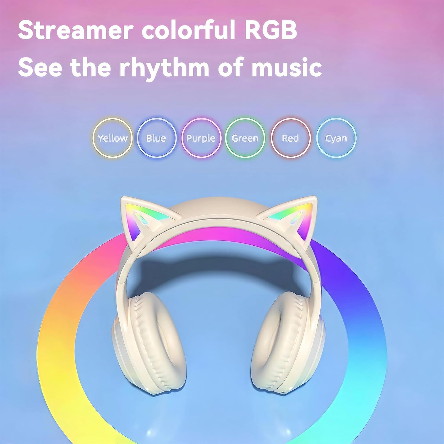 Weiße Kopfhörer mit Katzenohren und RGB-Licht, umgeben von einem Regenbogenkreis.