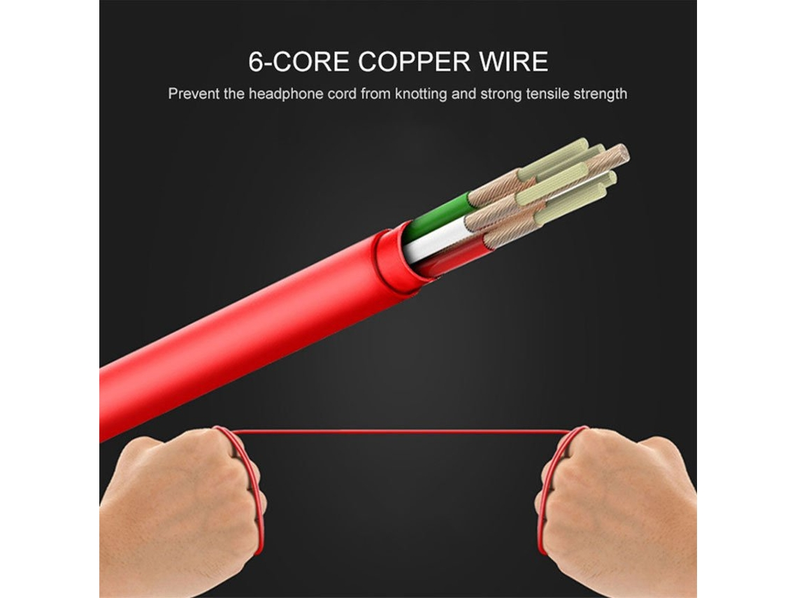 Rotes Kabel mit freigelegten Kupferdrähten. Hände ziehen daran.