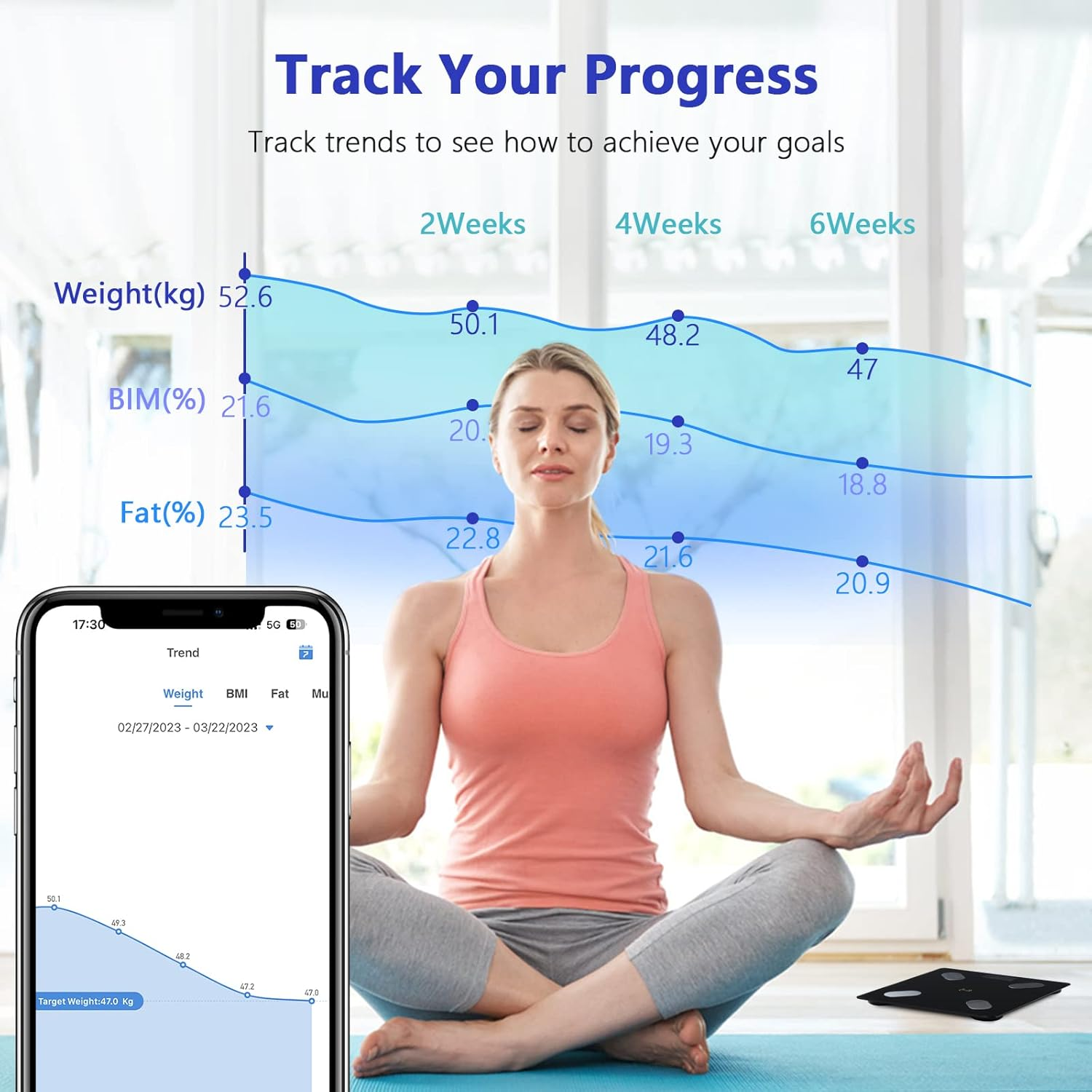 Frau in Yoga-Pose vor Fortschrittsgrafik und Handy.