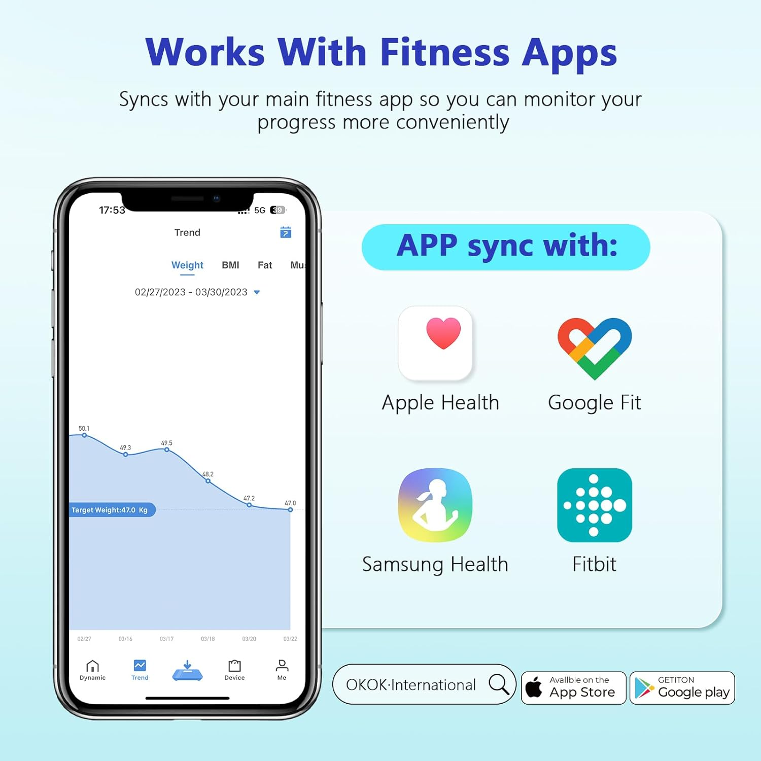 Handy-Bildschirm zeigt Gewichtstrend-Grafik, synchronisiert mit Apple, Google, Samsung Health & Fitbit.