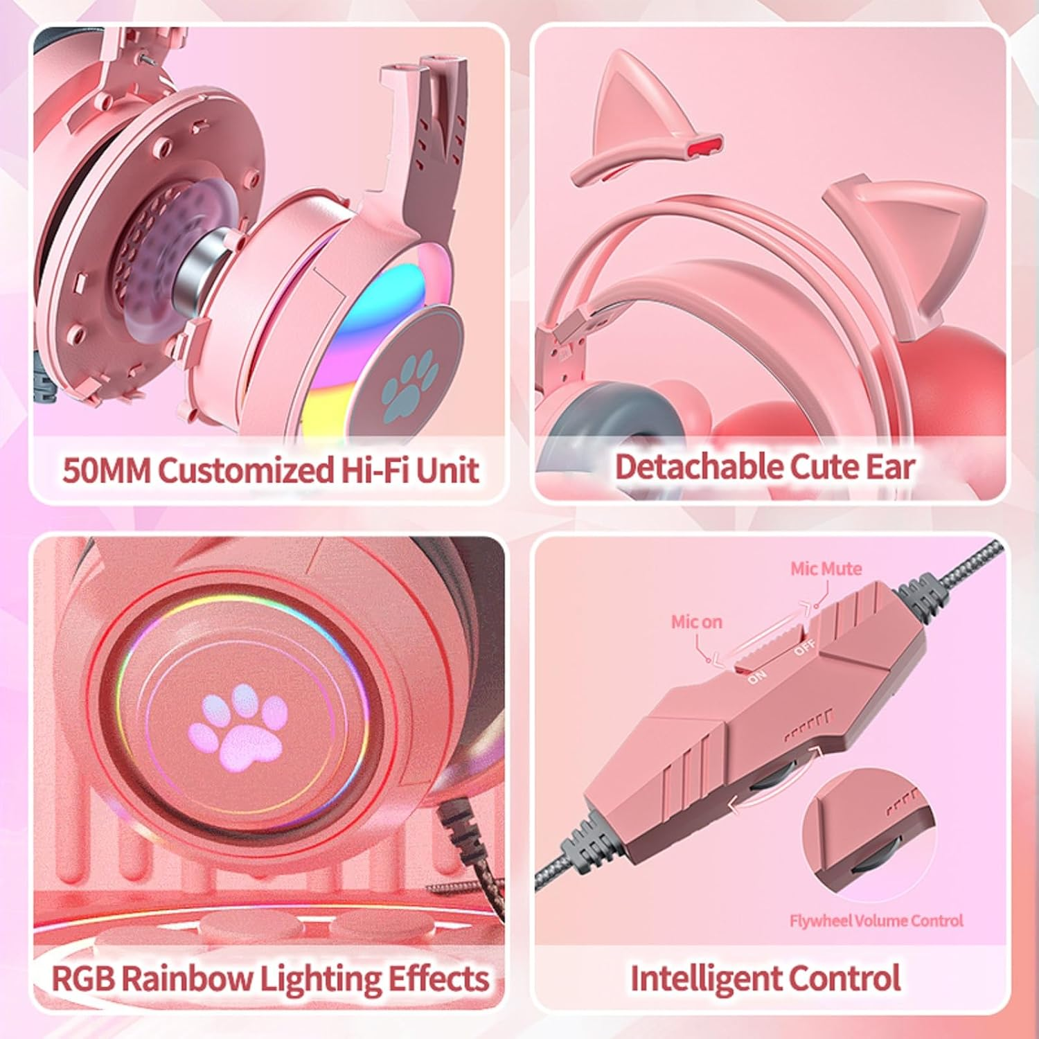 Rosa Kopfhörer mit RGB-Beleuchtung, abnehmbaren Katzenohren und Lautstärkeregler.