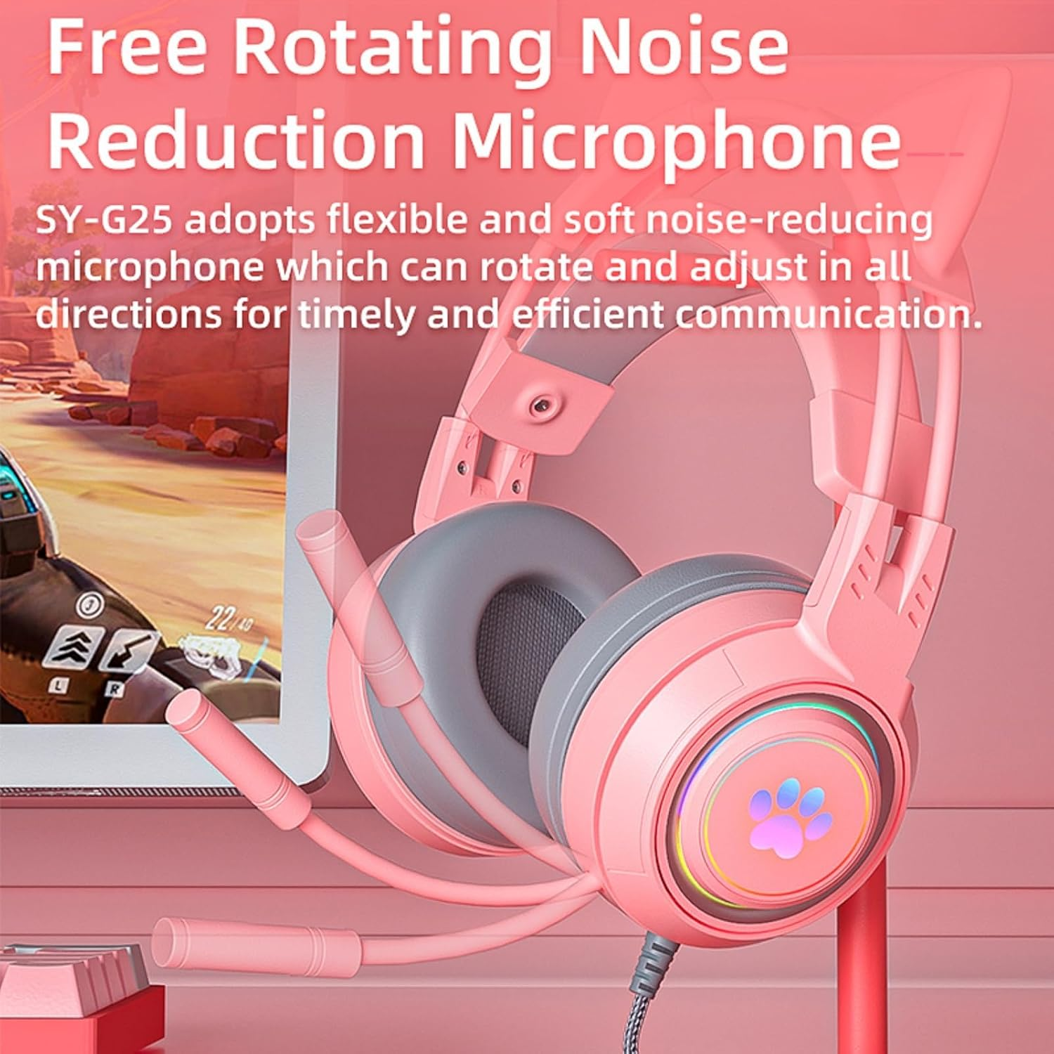 Ein pinkes Headset mit flexiblem Mikrofon, daneben ein Computerspiel.