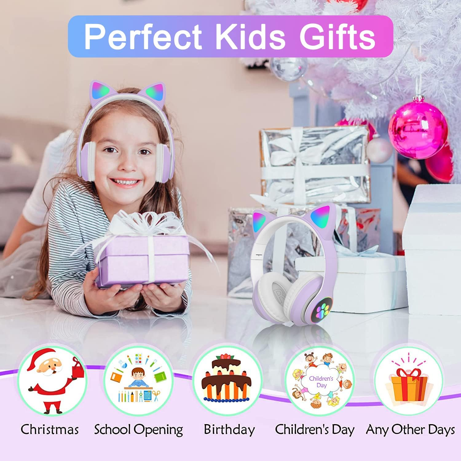 Mädchen mit Kopfhörern und Geschenken, mit Symbolen für Feiertage.