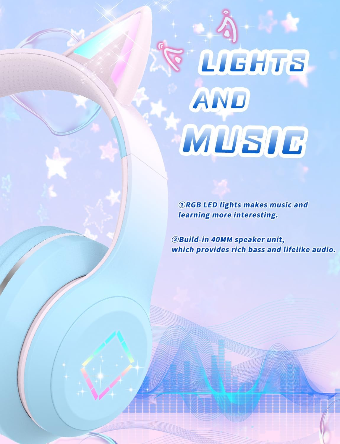Hellblaue Kopfhörer mit Katzenohren und RGB-Lichteffekten, die Musik und Lernen verbessern.