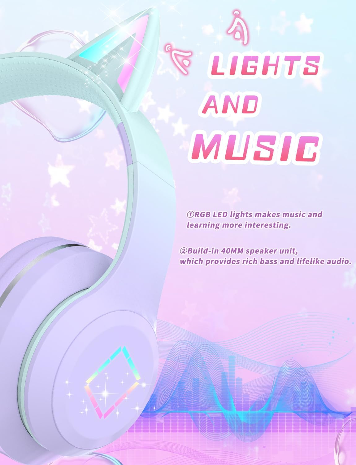 Lila Kopfhörer mit Katzenohren, RGB-Licht und Musik-Thema.