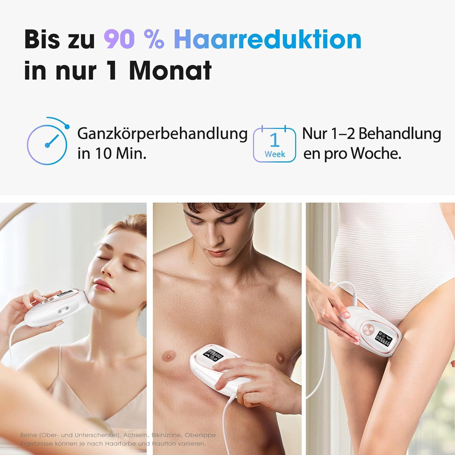 Anzeige für Haarentfernung: Frau am Gesicht, Mann an der Brust, Frau am Bikini.