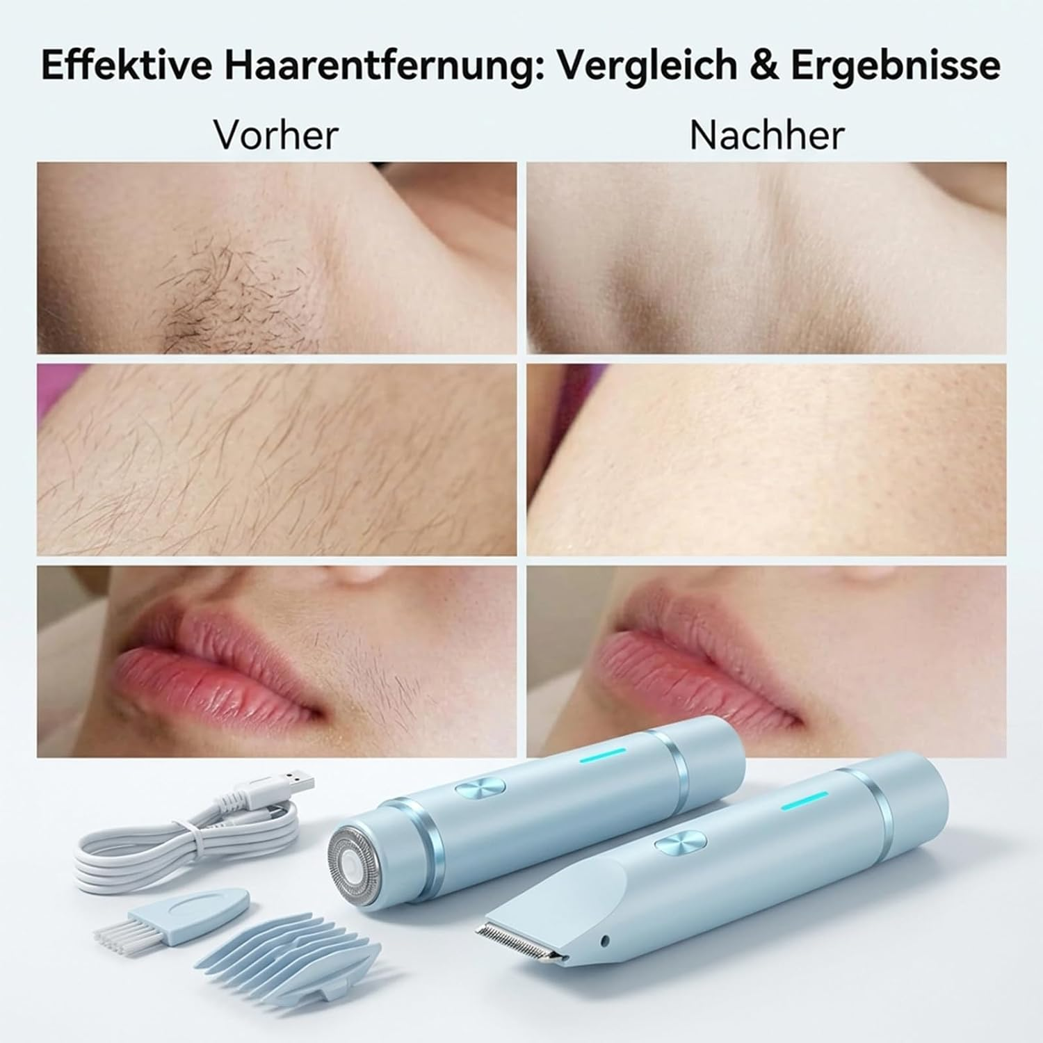 Vorher/Nachher-Hautbilder zeigen Haarentfernung. Zwei Rasierer und Zubehör.